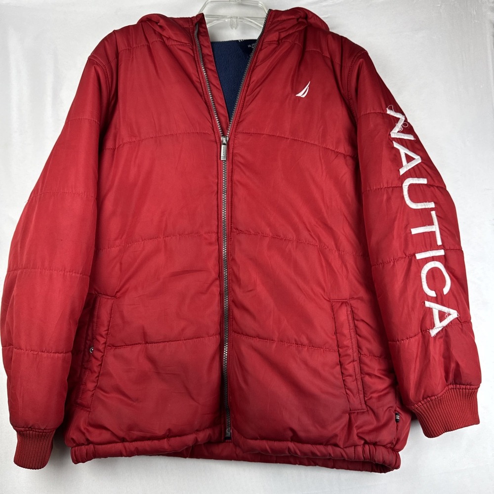Nautica Men's XL‎ Red Puffer Jacket Hooded Full Zip Embroidered Logo